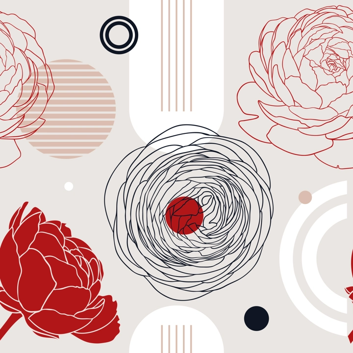 Trendy collage style ranunculus background. Abstract and minimalist seamless pattern with floral outlines. With geometric shapes and botanical elements for wall art, prints, decoration, invitations